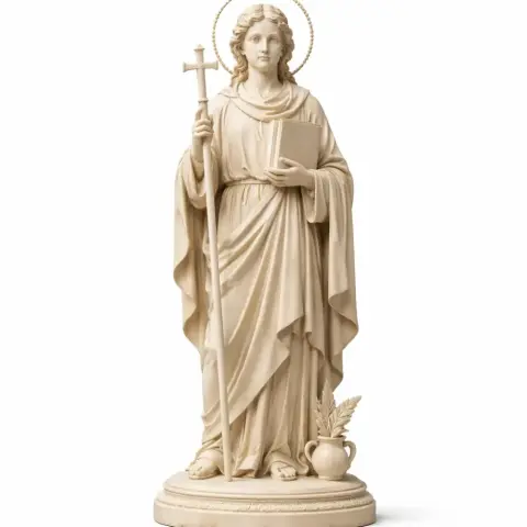 A detailed statue of a saint holding a cross and book, standing on a base with a small vase and plant.