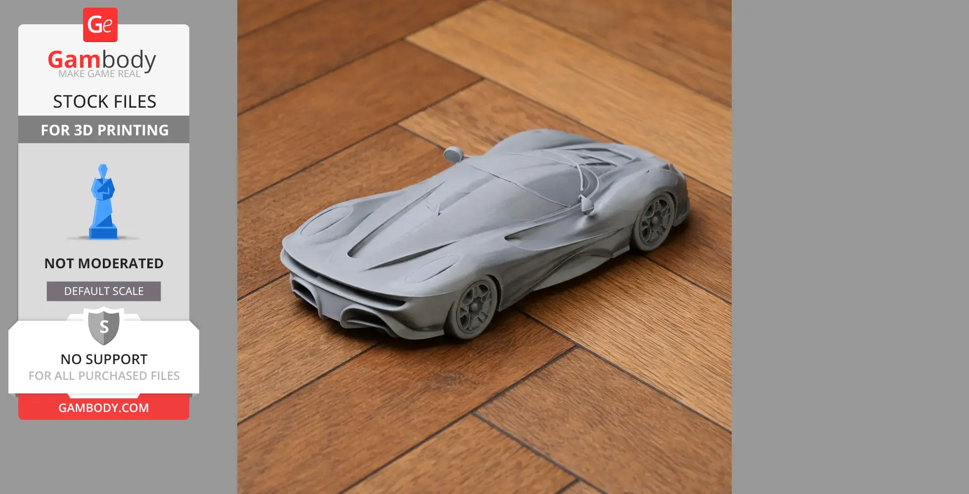 Gray 3D-printed model of a De Tomaso sports car on a wooden floor.