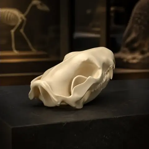 3D-printed Tiger Quoll skull replica displayed on a dark surface, surrounded by blurred backgrounds.
