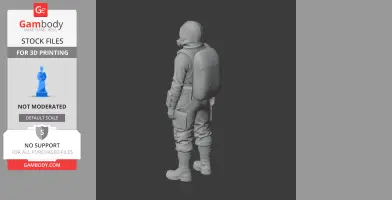 A 3D model of a hooded figure with a backpack and gas mask, in a standing pose, ready for 3D printing.