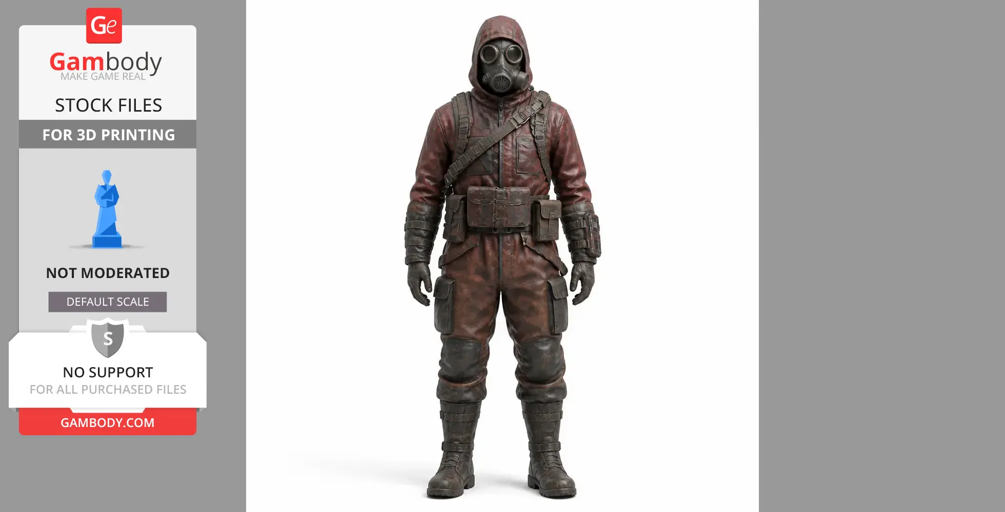 A hooded figure in a survival suit with a gas mask, ready for 3D printing.
