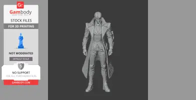A detailed 3D figurine of a character in a long coat, standing with a futuristic aesthetic.