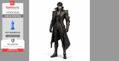 A detailed 3D figure of a character in ornate armor with a long coat and mechanical details.