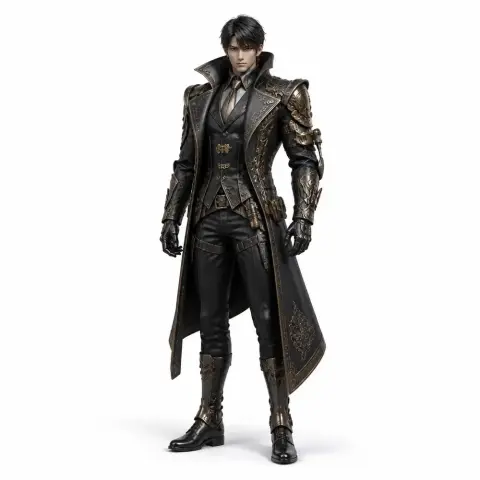 Stylish character in ornate armor and coat, poised confidently, designed for 3D printing.