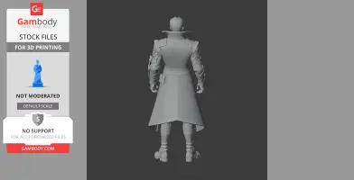 A 3D model of a character wearing a long coat and boots, viewed from the back.