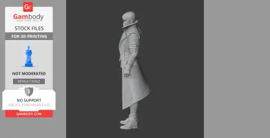 A 3D model of a futuristic character in armor and long coat, standing in profile for 3D printing.