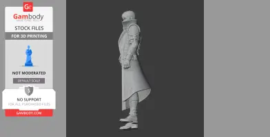 Side view of a detailed armored character model for 3D printing, featuring intricate design elements.