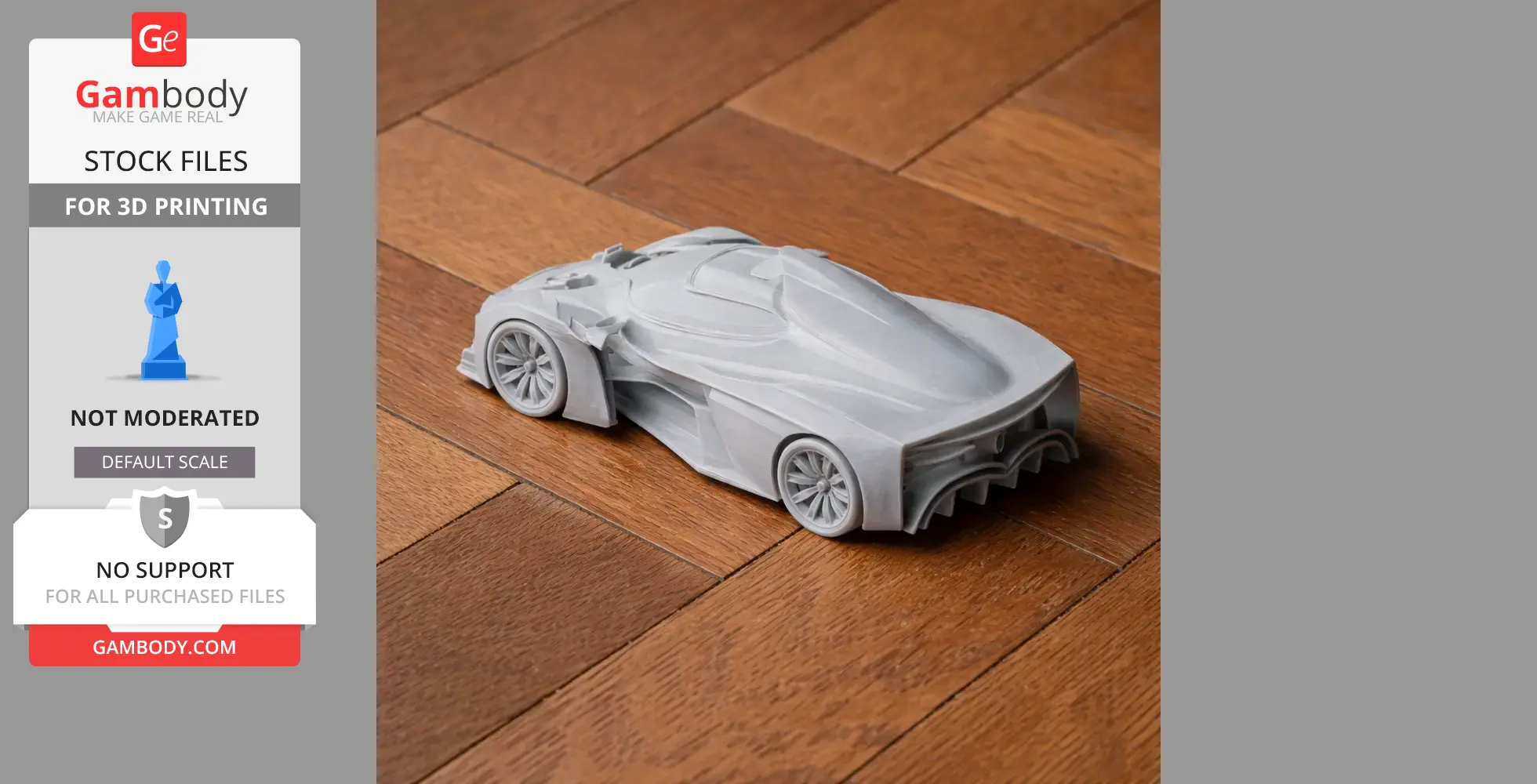 3D printed model of a sleek, futuristic car on a wooden surface.