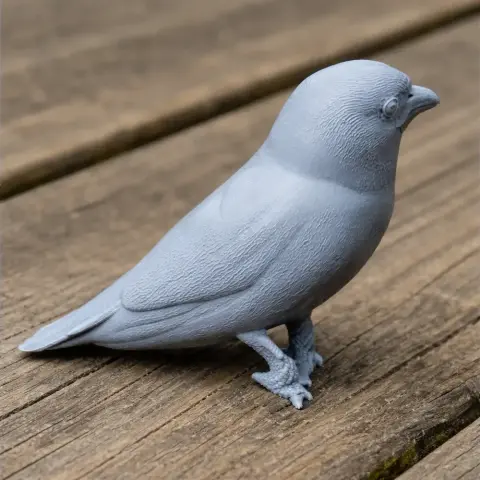 A detailed 3D-printed model of a banded broadbill bird with textured feathers, standing on a wooden surface.