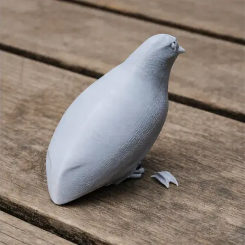 Gray 3D model of a banded cotinga bird on a wooden surface, with broken piece on the ground.