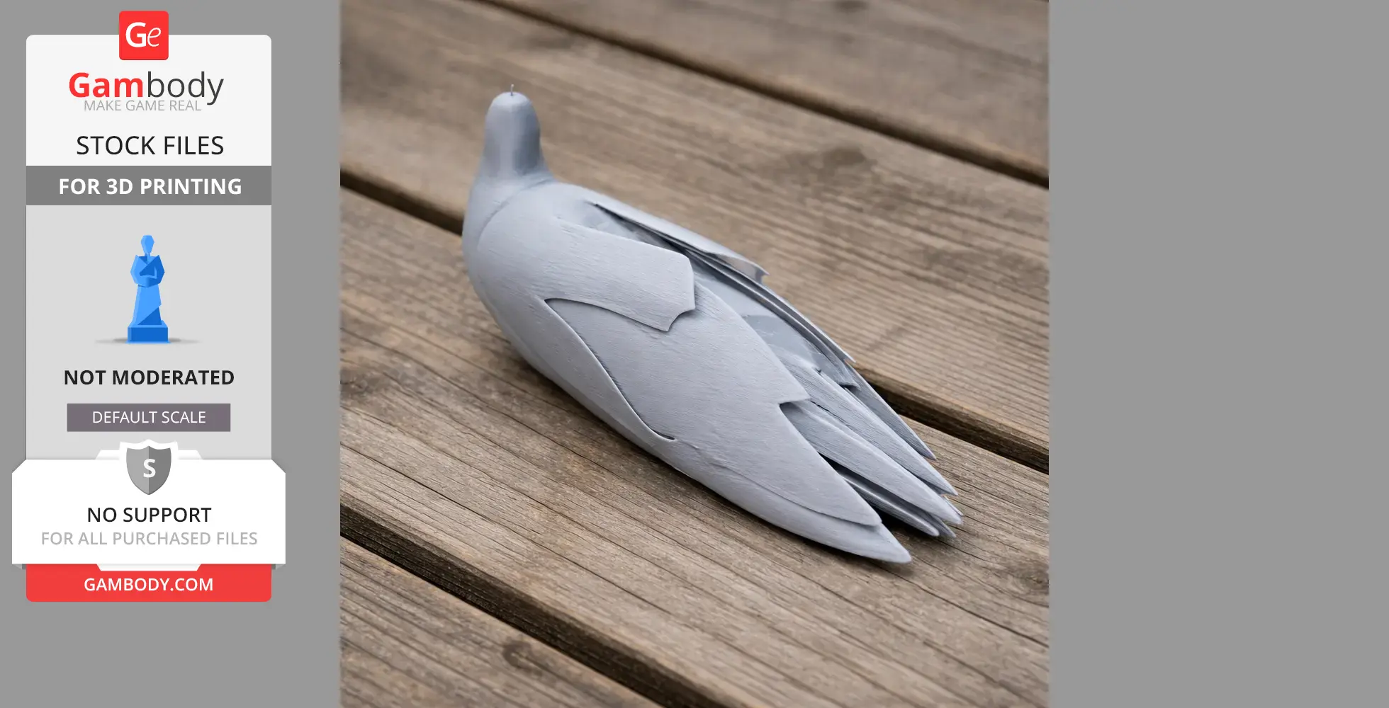 A 3D-printed model of a stylized bird with layered feathers on a wooden surface.