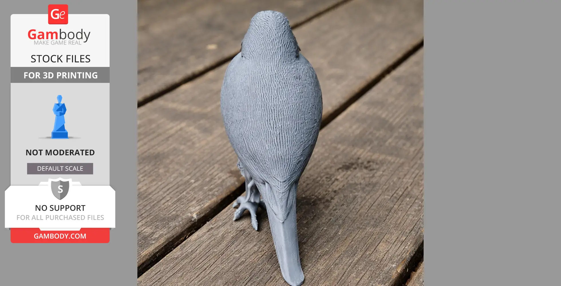 Gray 3D-printed model of a bird viewed from the back, placed on a wooden surface.