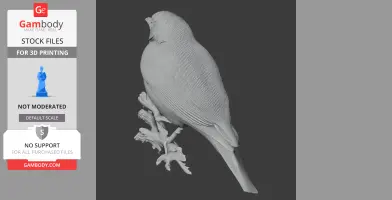 3D model of a bird perched on a branch, detailed feathers and long tail, designed for 3D printing.
