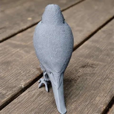 Gray 3D-printed model of a bird standing on wooden planks, viewed from behind.