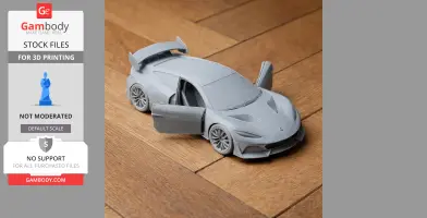 3D-printed model of a sleek Denza Z car with open doors on a wooden floor.