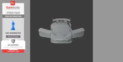 3D model of a sleek car with doors open, ready for 3D printing, displayed on a gray background.