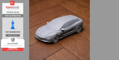 A 3D-printed scale model of a futuristic Denza Z9 vehicle on a wooden surface.