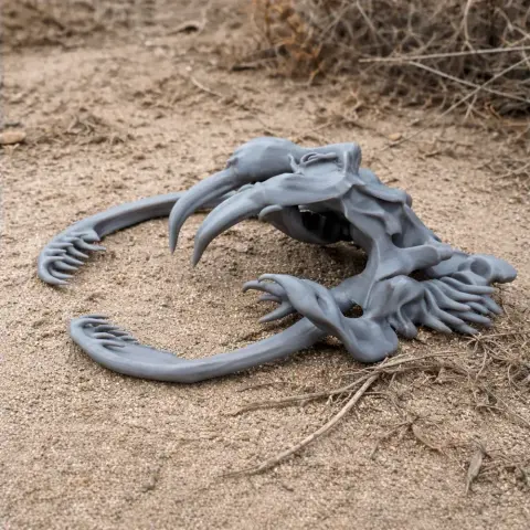 3D printed timber rattlesnake skull replica placed on dry soil.