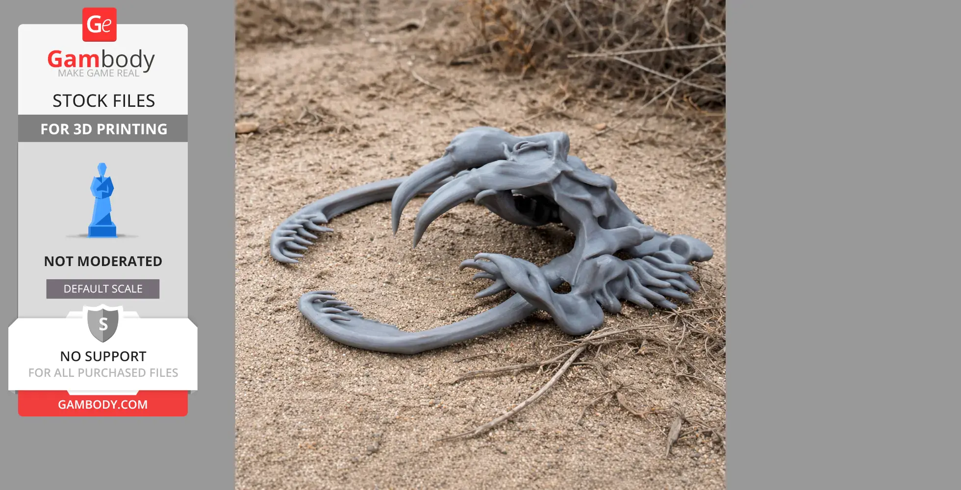 A 3D-printed timber rattlesnake skull replica on sandy ground, showcasing fangs and intricate bone structure.
