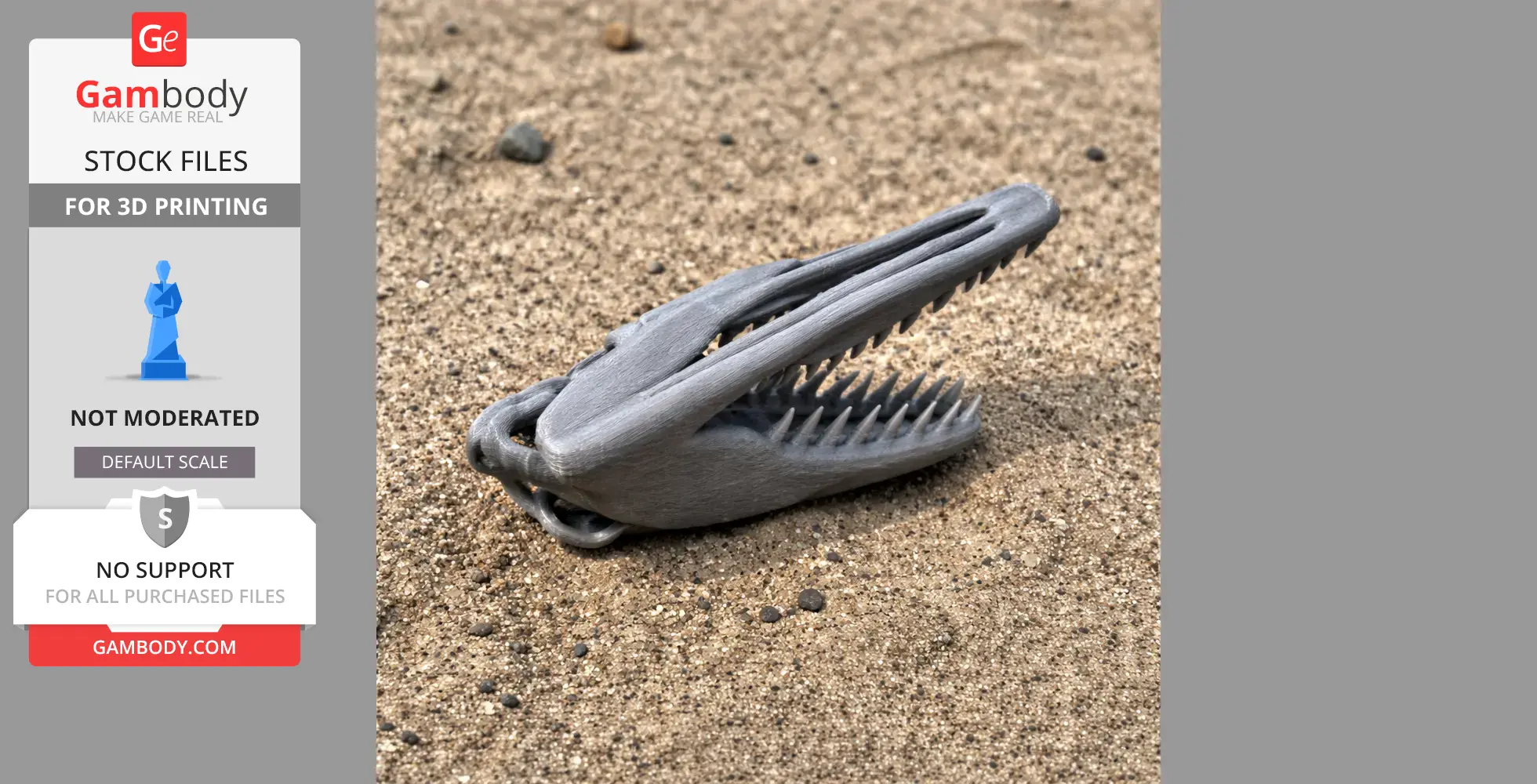 3D-printed Timurlengia dinosaur skull replica with sharp teeth, displayed on sandy ground.