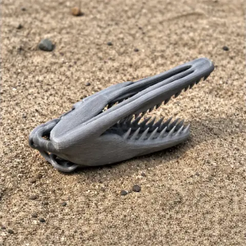 3D-printed Timurlengia skull replica on sandy surface, mouth open showing serrated teeth.