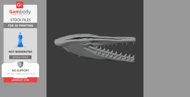 A 3D model of a dinosaur skull, featuring sharp teeth, optimized for 3D printing.