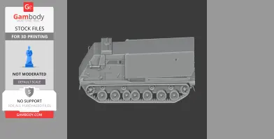 3D model of a multiple rocket launcher tank with tracks, shown in side view for 3D printing.