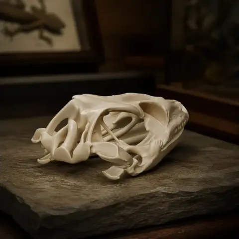 A detailed 3D-printed Tokay gecko skull replica is displayed on a stone surface.