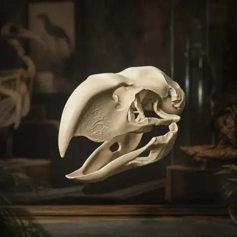 3D-printed replica of a Titanis walleri (Terror Bird) skull displayed in an interior setting.