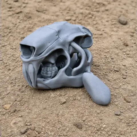 Tornieria dinosaur skull replica, detailed and gray, resting on a sandy surface.
