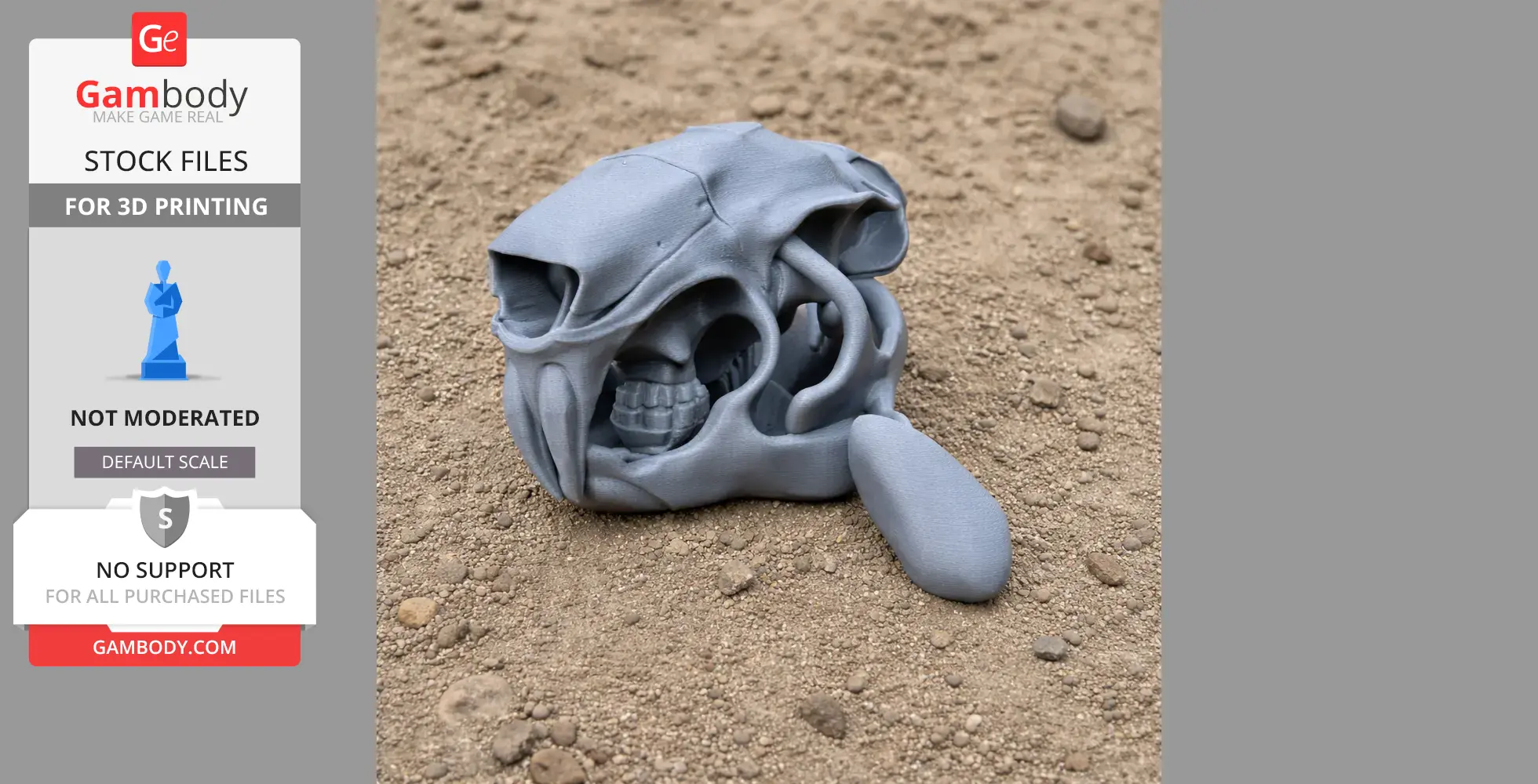 A 3D-printed Tornieria dinosaur skull model resting on a sandy surface.