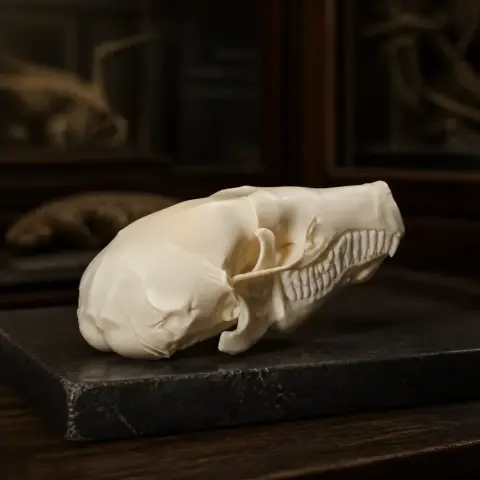 3D printed Townsend's mole skull replica displayed on a dark surface.