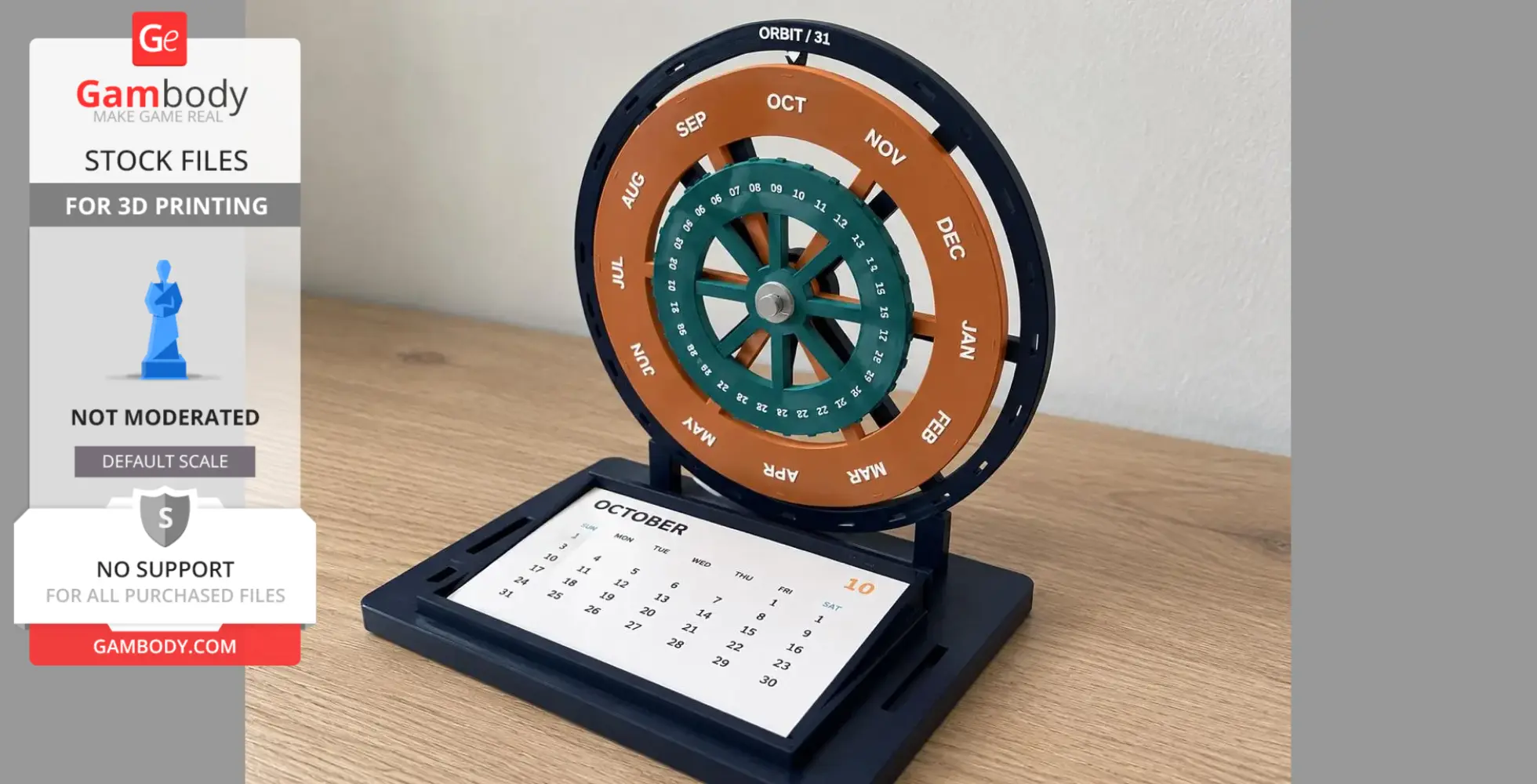 A mechanical desk calendar with rotating date and month rings on a wooden table.