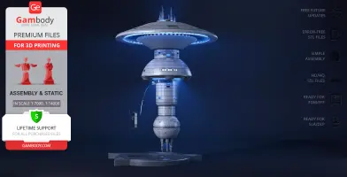Futuristic space station model with disc and cylindrical structures, fitted for 3D printing.