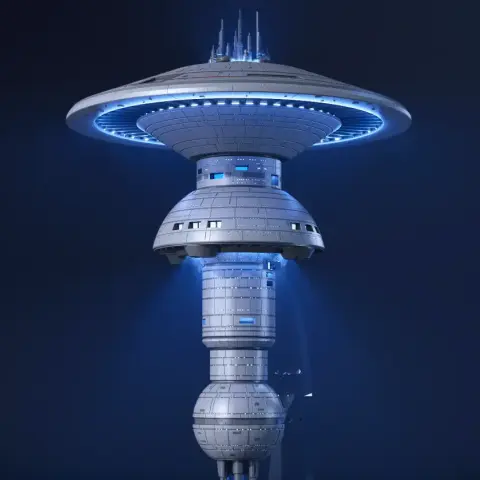 Futuristic space station model with circular top structure, vertical body, and glowing blue lights.