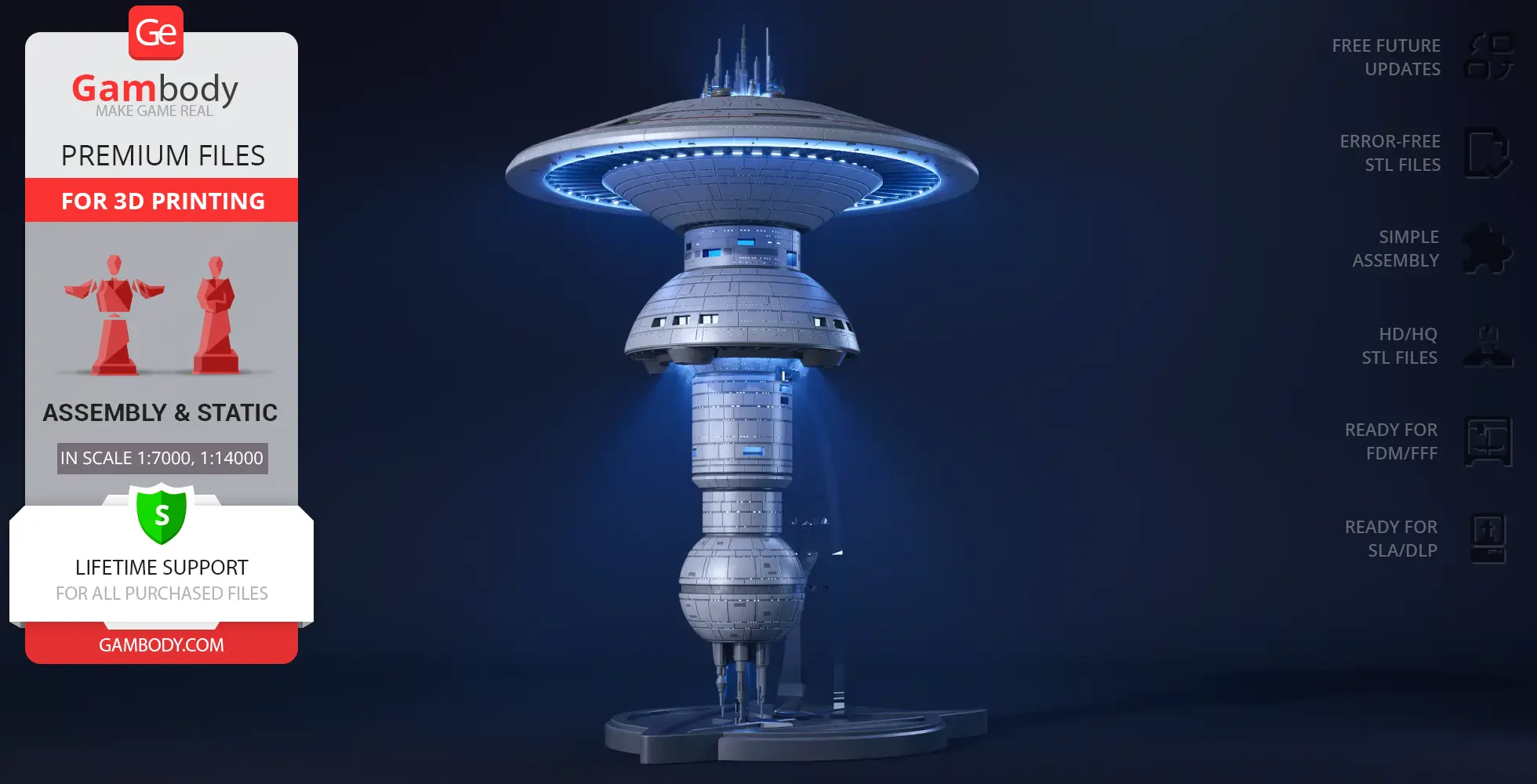 Futuristic space station with a wide disc-shaped top and a cylindrical structure beneath, designed for 3D printing.