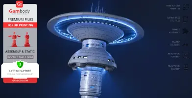 Futuristic space station with blue lighting, featuring a wide saucer-like top and detailed segmented structure.