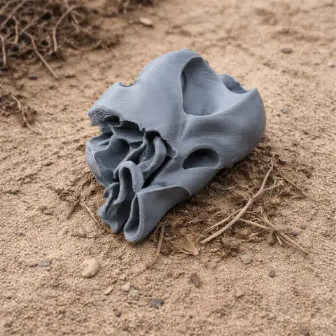 A 3D-printed gray Toxodon skull replica lying on sandy ground with scattered twigs.