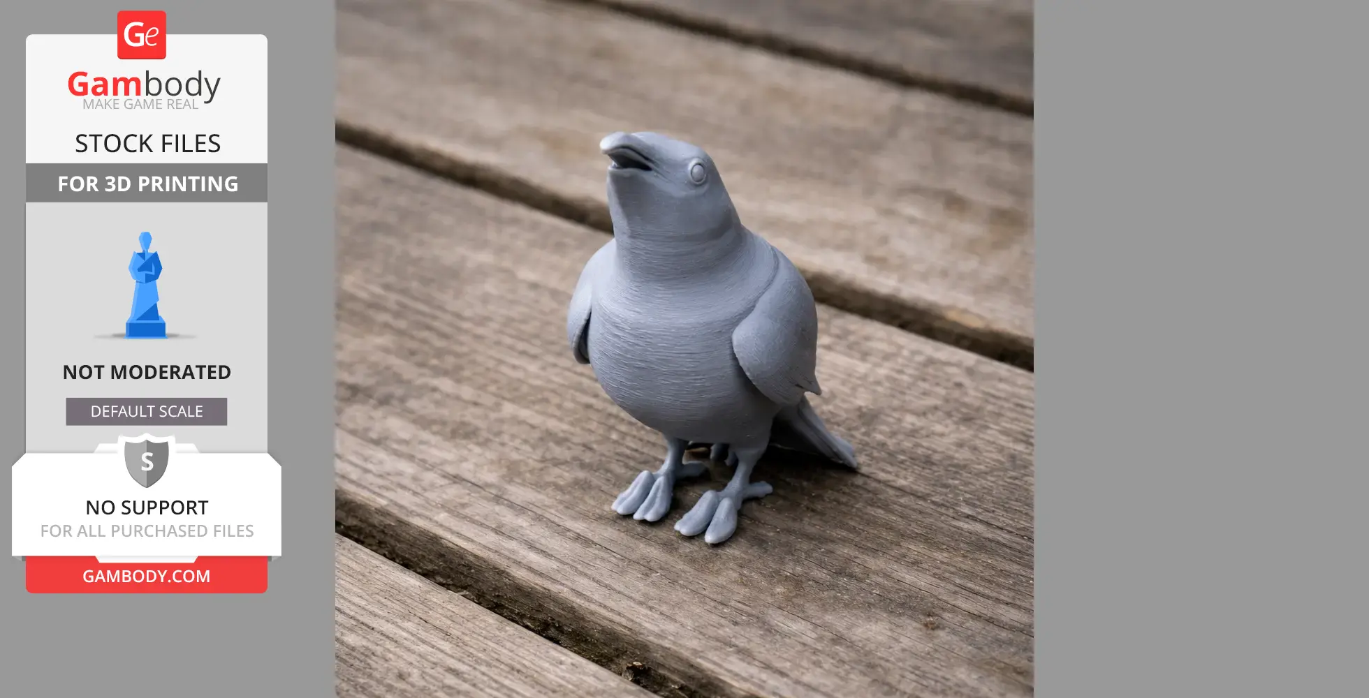 A 3D printed model of a bird with smooth features and slightly open beak, on a wooden surface.