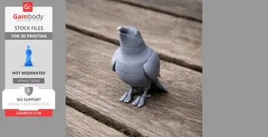 A 3D printed model of a bird with smooth features and slightly open beak, on a wooden surface.