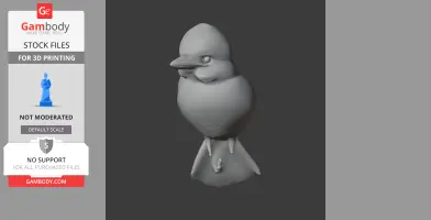 A 3D model of a perched bird with a large head and beak, designed for 3D printing.