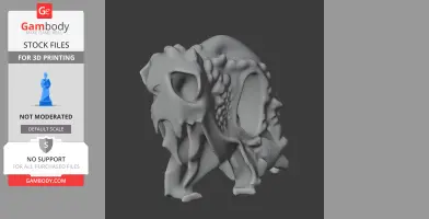 3D model of a detailed, ornate skull with large eye sockets and intricate textures, designed for 3D printing.