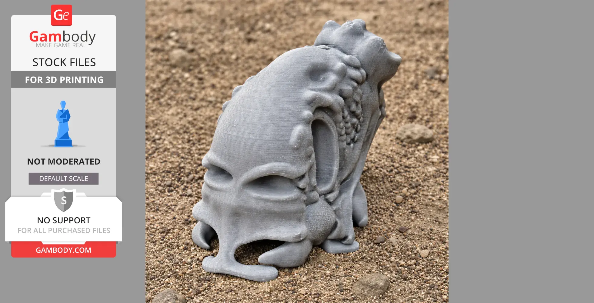 Intricately detailed 3D-printed alien skull model on a sandy surface, available from Gambody.