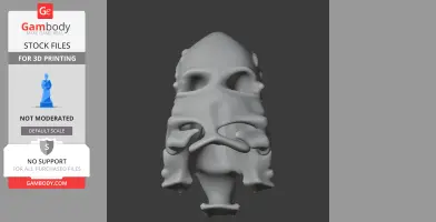 A smooth, stylized skull model with large eye sockets and layered, abstract features.