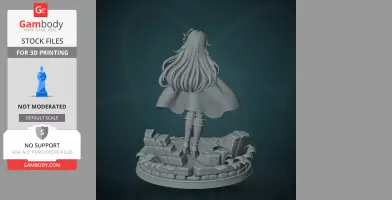 A character figure with flowing hair stands on a detailed base with ruins and foliage.