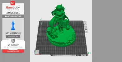 A detailed 3D model of a cloaked character holding a staff, standing on an intricately designed base.