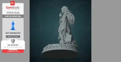 A detailed 3D model of a character with flowing hair and a cloak, holding a staff, standing on a textured base.