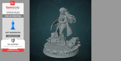 A detailed figure of a female character in a cape, holding a staff, standing on a decorated circular base.