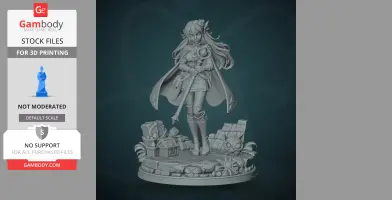 Figure of a character with long hair and cape, holding a staff, on a detailed base with chests and objects.