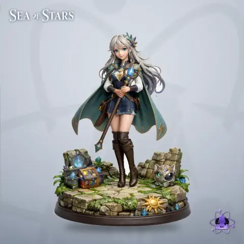 Fantasy figure of a woman with staff on detailed stone base, surrounded by treasure and plants.